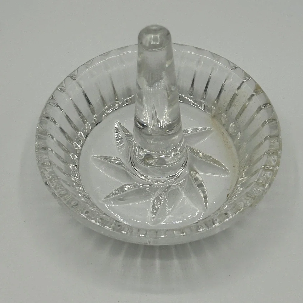 Vintage Clear Pressed Glass Thick Ring Holder Starburst Base Ribbed Trinket Dish